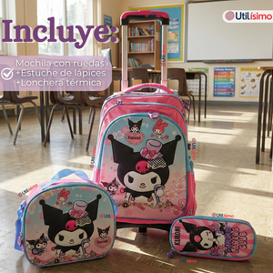 Mochila Escolar Kuromi 3D Con Ruedas Desmontable + Estuche + Lonchera Poliéster Rosa Niña