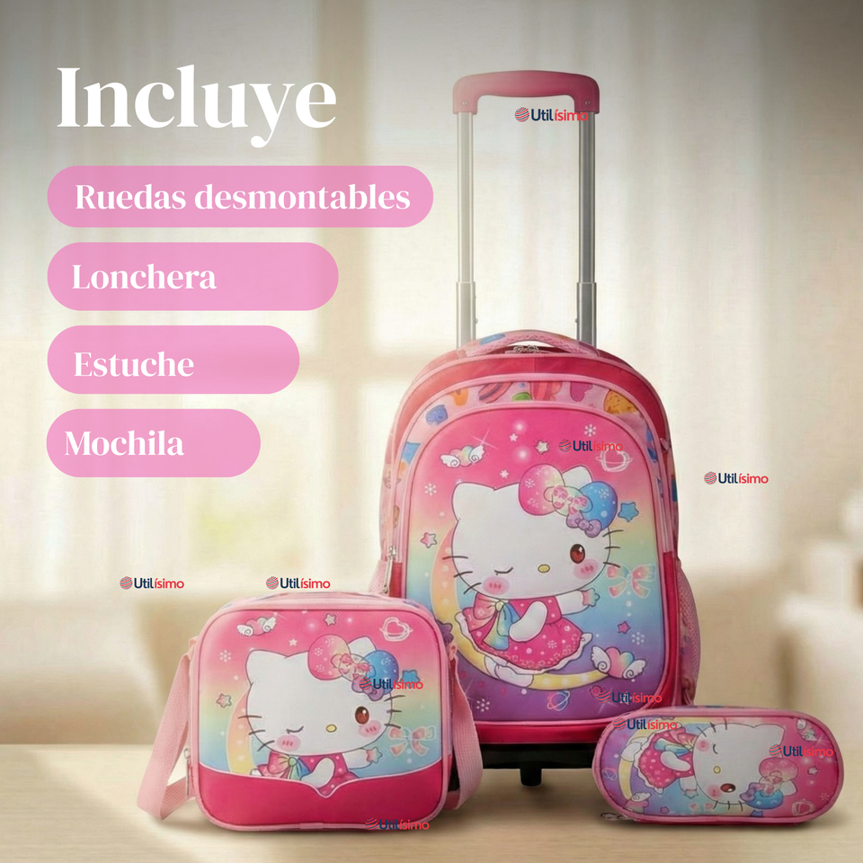 Mochila Escolar Hello Kitty Dreams Con Ruedas Desmontables + Estuche + Lonchera Niña Poliéster