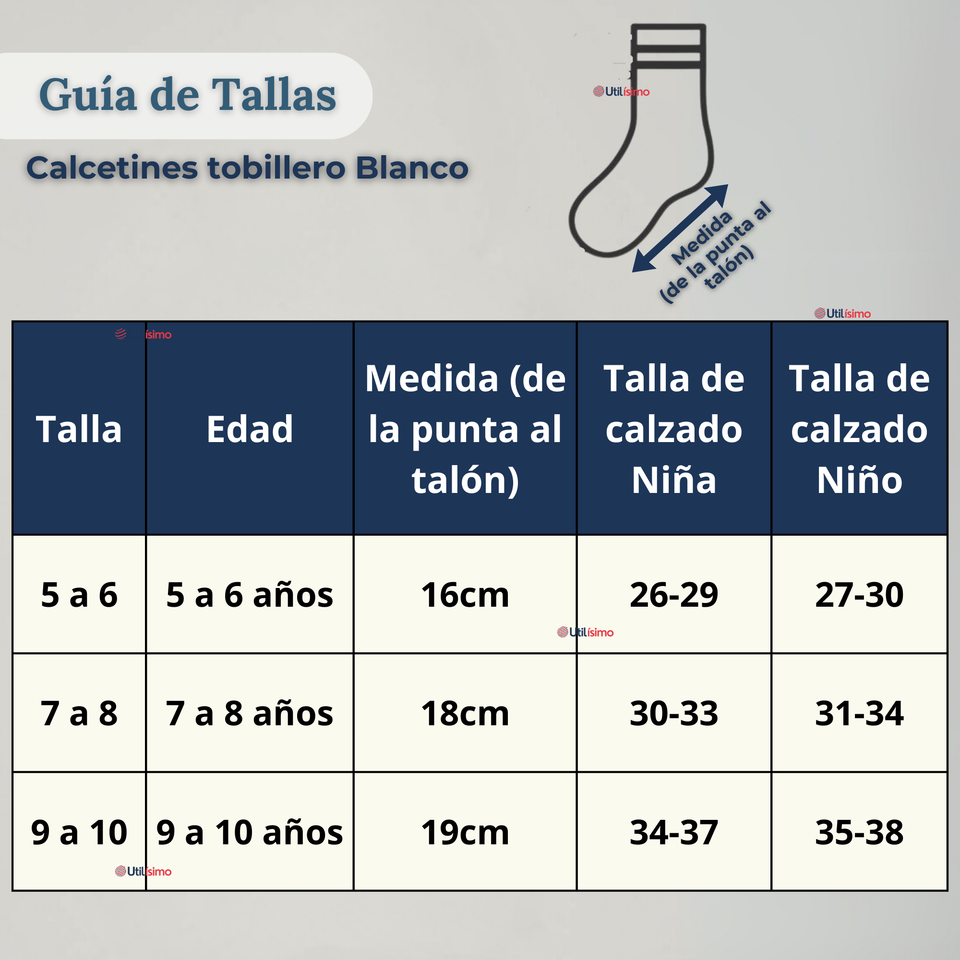 Calcetín Tobillera Corto Algodón Color Blanco Niña y Niño