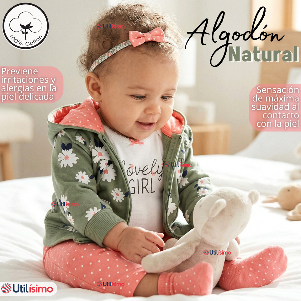Conjunto 3 Piezas Buzo Pantalón Polerón Body De Algodón Verde Flores Bebé Niña