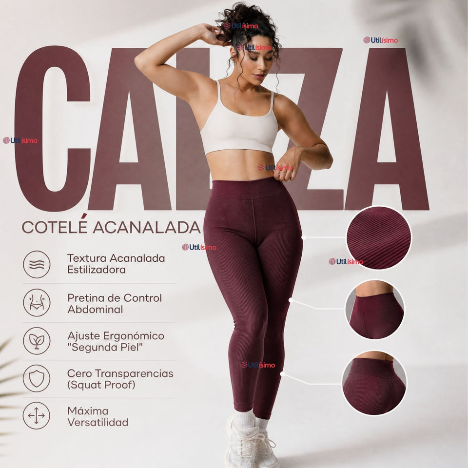 Calza Acanalada Cotelé Polar Con Chiporro Térmica Mujer Elásticada Burdeo
