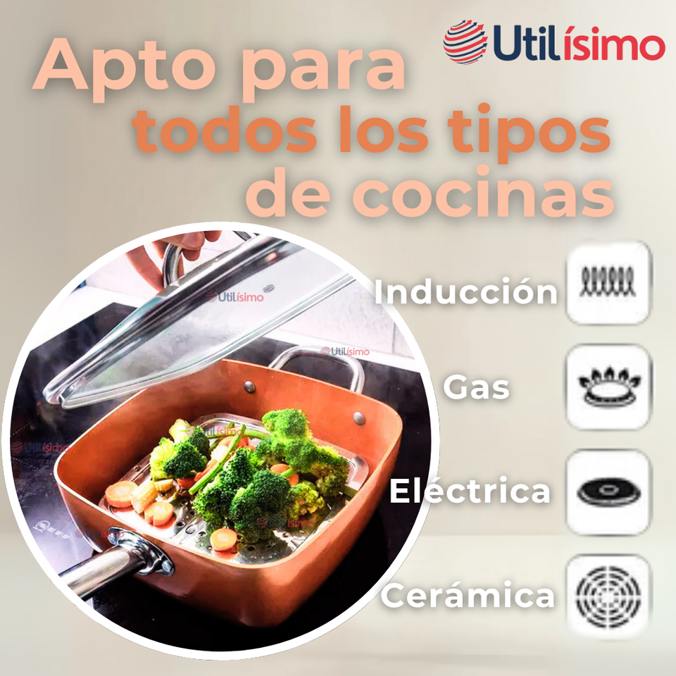 Sartén Antiadherente De Cobre Multiuso 3 en 1 Aceite Profundo Cesta Para Freír Vaporera