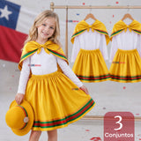 Pack 3 Trajes Nortinos Niña Amarillo 4 Piezas Con Poleras Baile Típico Fiestas Patrias