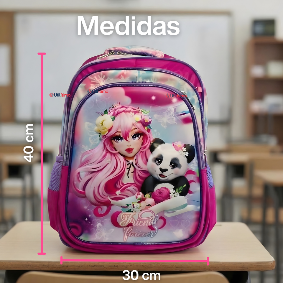 Mochila Bolso Escolar Diseño 3D + Estuche + Lonchera 40Cm Niña Tela Oxford Friends Forever