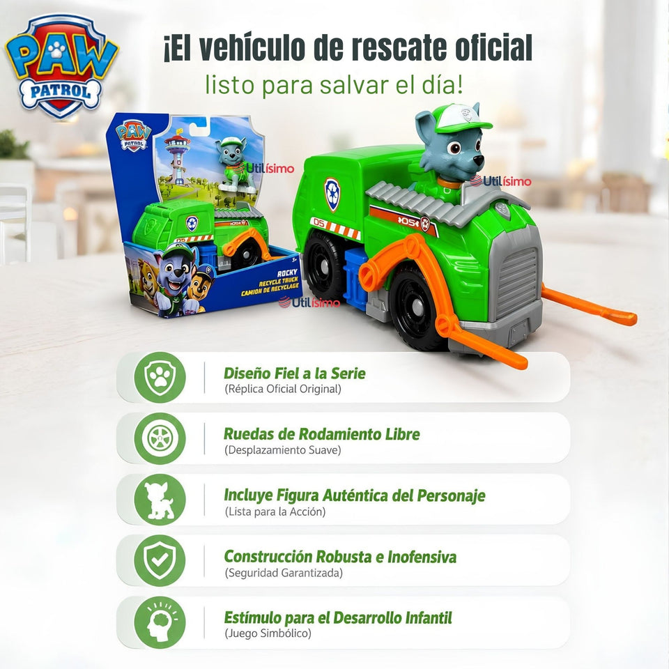 Paw Patrol Camión de reciclaje Rocky con Figura Juguete Niño