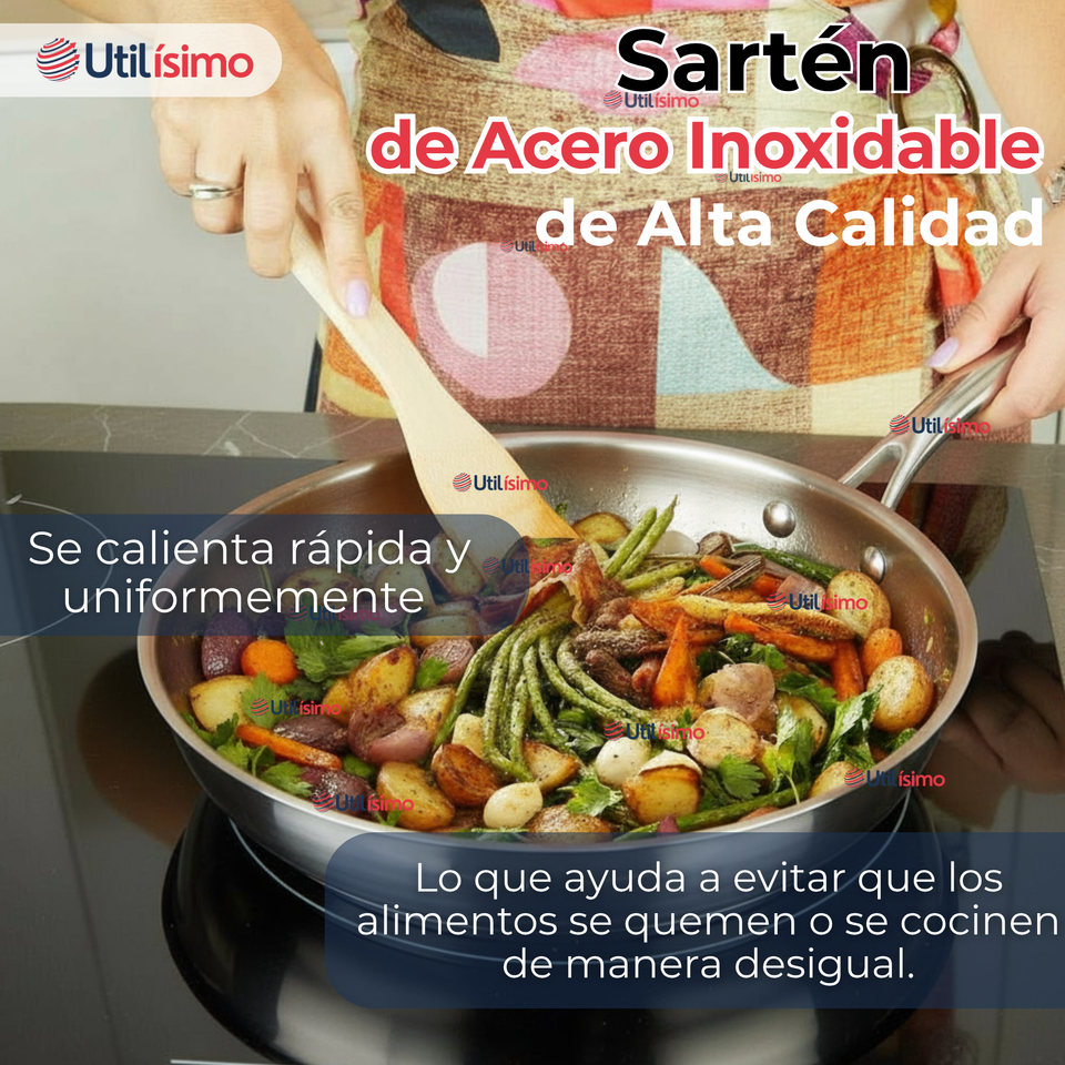 Sartén Acero Inoxidable Antiadherente 24cm +Cuchara de Madera de Bambú