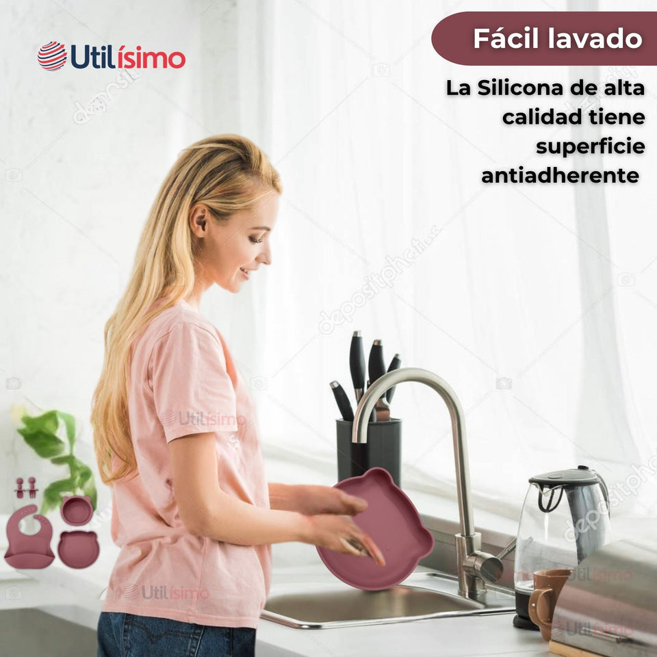 Set De Alimentación Bebé Silicona 5 Piezas De Osito Libre BPA Colores Surtidos