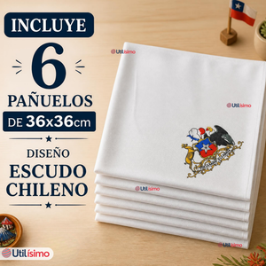 Pack 6 Pañuelos Baile Cueca 36cm Bordado Escudo Chileno Algodón Fiestas Patrias