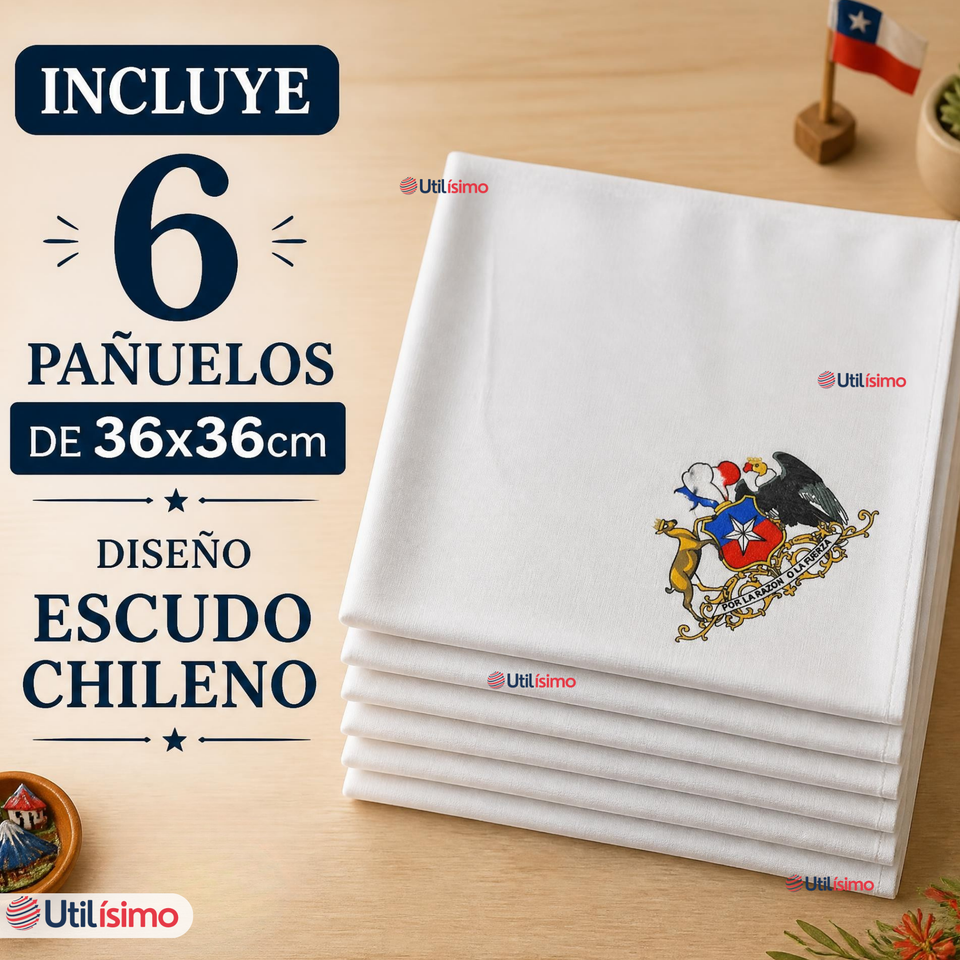 Pack 6 Pañuelos Baile Cueca 36cm Bordado Escudo Chileno Algodón Fiestas Patrias