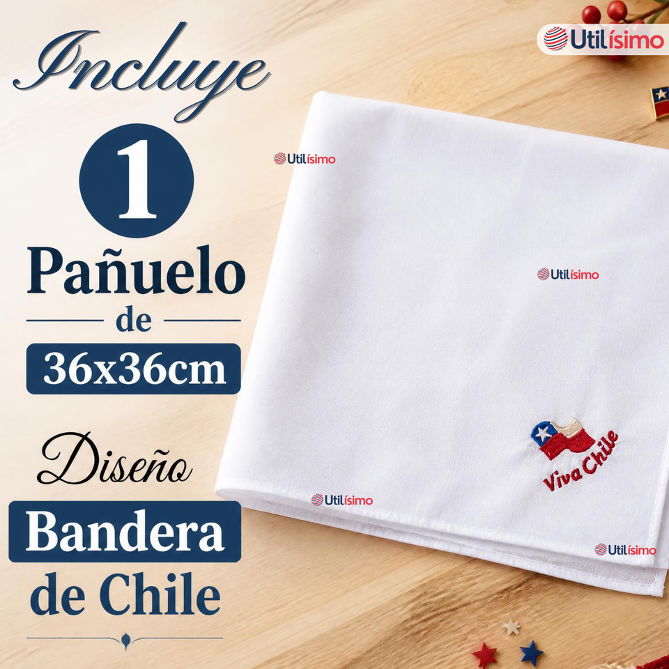 Pañuelo Baile Cueca 36cm Bordado Bandera de Chile Algodón Fiestas Patrias