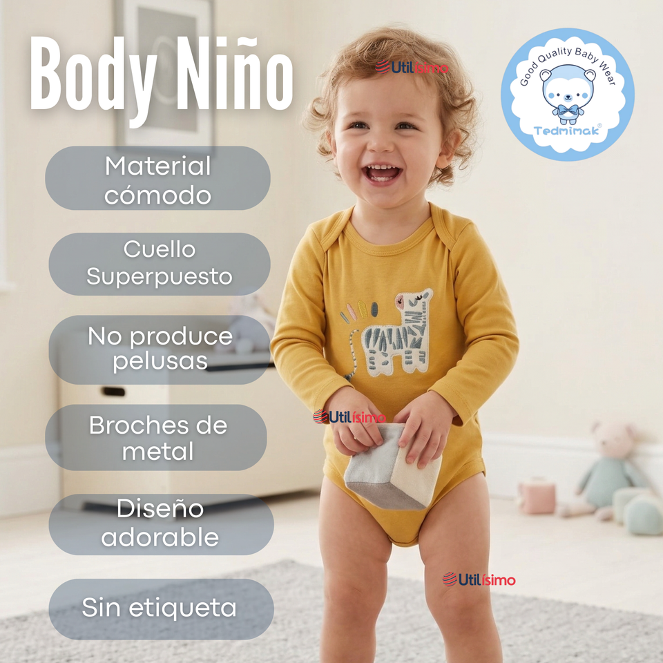 Pack 5 Bodys Manga Larga 100% Algodón Bebé Niño Friendly Safari
