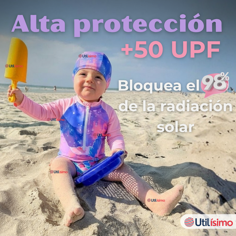 Traje De Baño Enterito Manga Larga con Cremallera y Gorro Bebe Niña Pink Mermaid