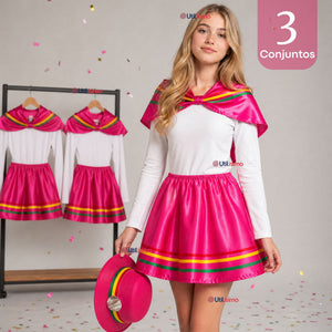 Pack 3 Trajes Nortinos Juveniles Con Poleras 4 Piezas Fucsia Baile Típico Fiestas Patrias