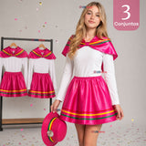 Pack 3 Trajes Nortinos Juveniles Con Poleras 4 Piezas Fucsia Baile Típico Fiestas Patrias