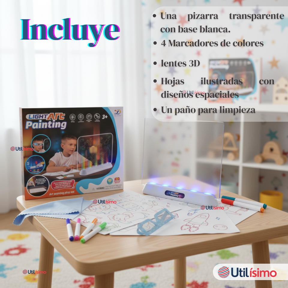 Pizarra Mágica Luz Led 3D Niño o Niña con Plantillas de Dibujos