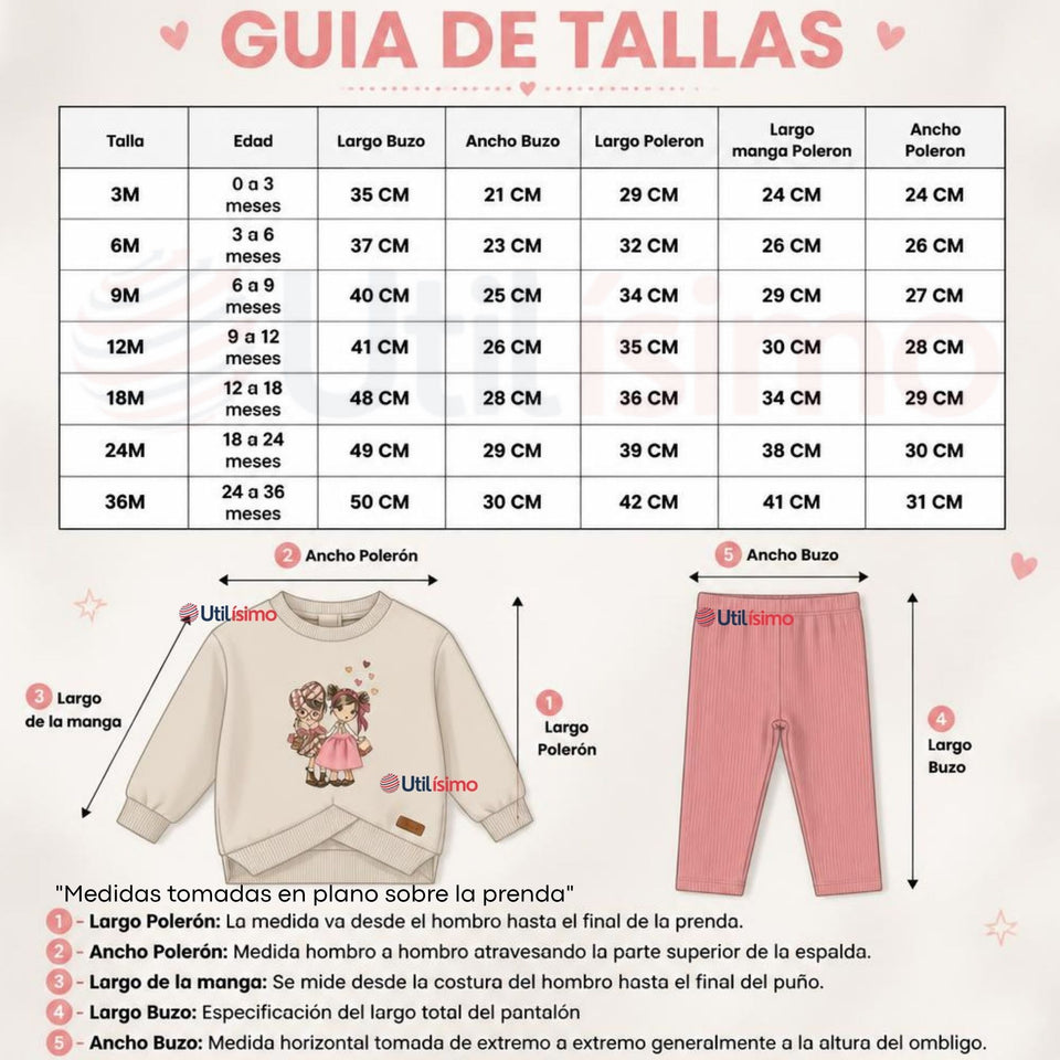 Conjunto 2 Piezas Polerón y Pantalón Buzo 100% Algodón Tedmimak Bebé Niña Pretty