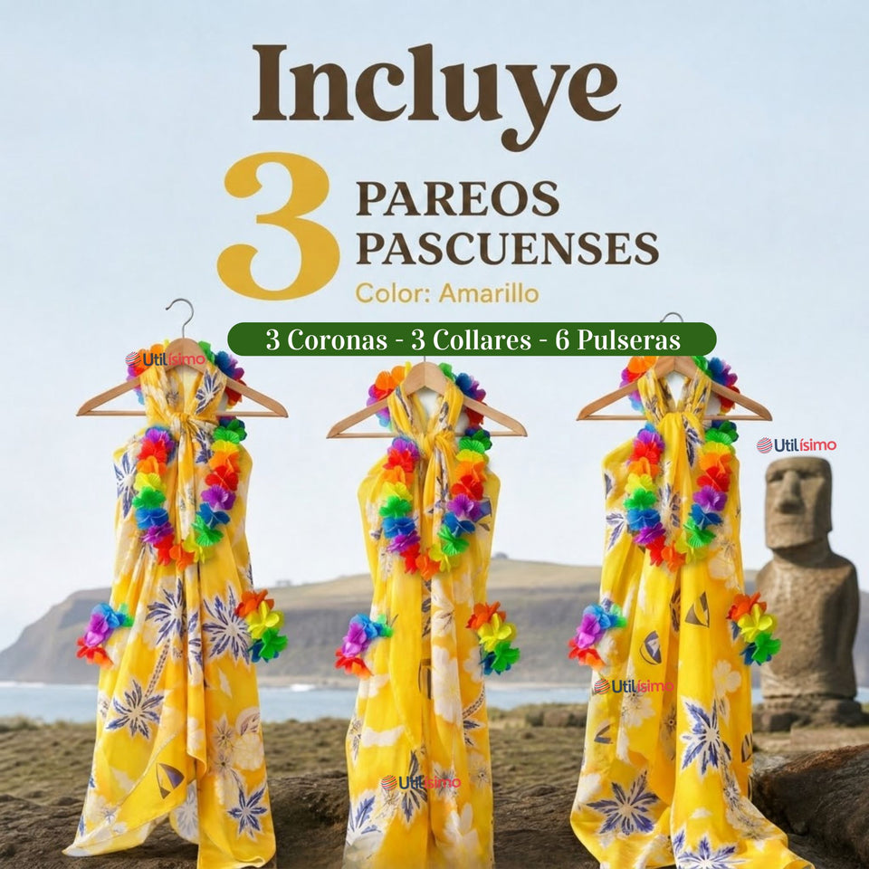 Pack 3 Trajes Páscuense Pareo Hawaiano Amarillo Niña Con Accesorios