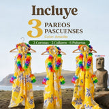 Pack 3 Trajes Páscuense Pareo Hawaiano Amarillo Niña Con Accesorios