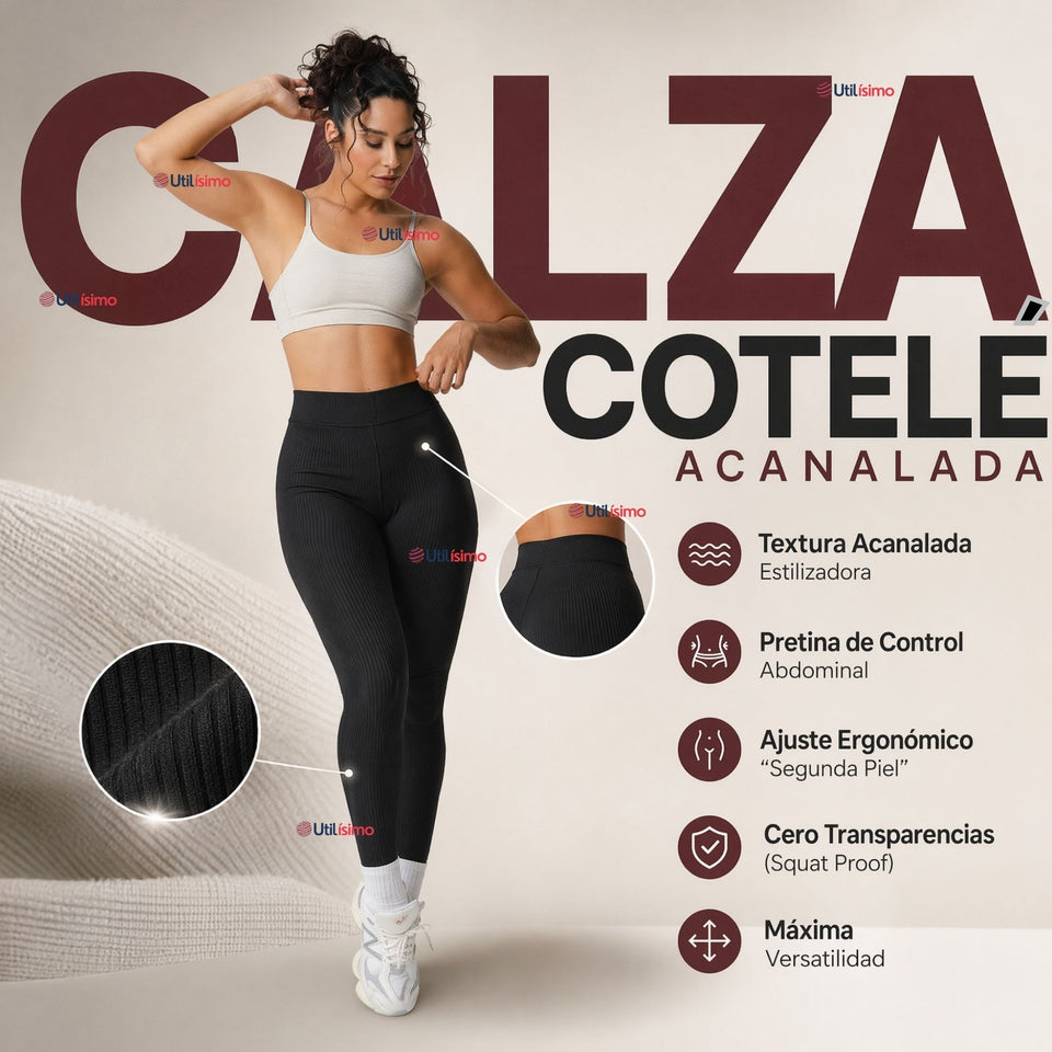 Calza Acanalada Cotelé Polar Con Chiporro Térmica Mujer Elásticada Negra
