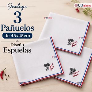 Pack 3 Pañuelos Baile Cueca 45cm Bordado Espuelas Algodón Fiestas Patrias