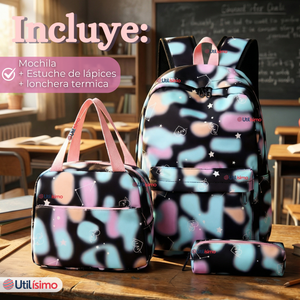 Mochila Escolar + Estuche + Lonchera 43cm Tela Oxford Azul Celeste Niña