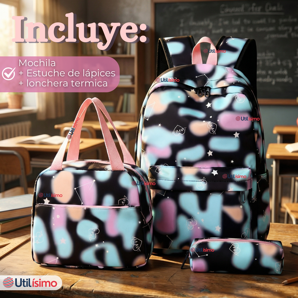 Mochila Escolar + Estuche + Lonchera 43cm Tela Oxford Azul Celeste Niña