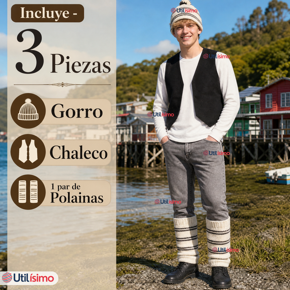 Vestimenta Chilote 3 Piezas Chaleco Gorro Polainas Hombre Fiestas Patrias