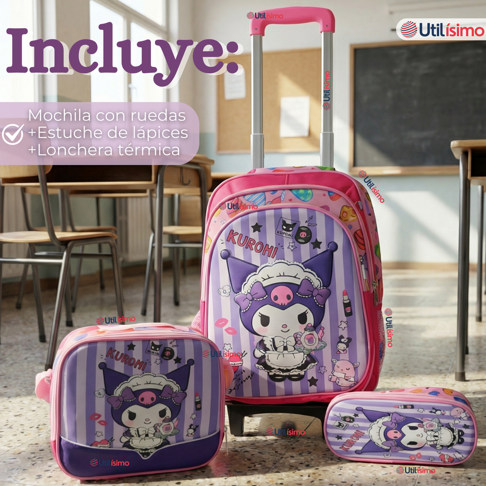 Mochila Escolar Kuromi 3D Con Ruedas Desmontable + Estuche + Lonchera Poliéster Morado Niña