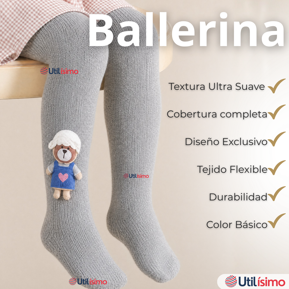 Panty 3D Osito Gris Tejida Niña Ballerina 78% Algodón Premium
