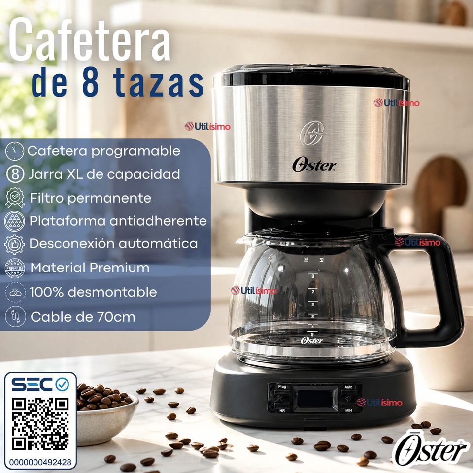 Cafetera programable Oster® 8 tazas en acero inoxidable BVSTDC10SS