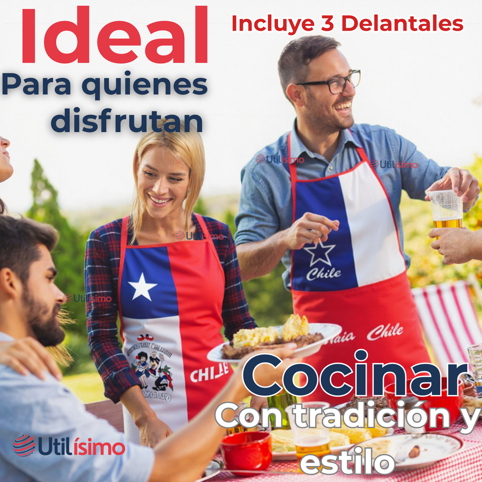 Pack 3 Delantal Cocina Chile Fiestas Patrias Bandera Chilena 60X90 CM Surtidos