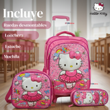 Mochila Escolar Hello Kitty Bailarina Con Ruedas Desmontables + Estuche + Lonchera Niña Poliéster