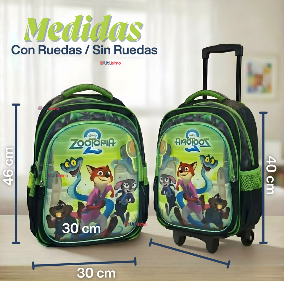 Mochila Escolar Zootopia Con Ruedas Desmontables + Estuche + Lonchera Niño Poliéster