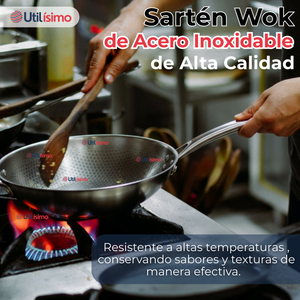 Sartén Wok Acero Inoxidable Antiadherente 34cm +Cuchara de Madera Bambú