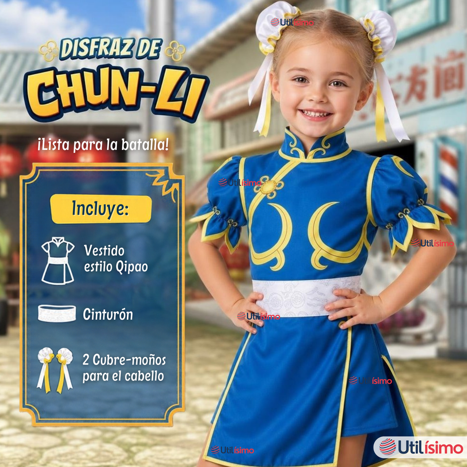 Disfraz Chun-Li Azul Completo Street Fighter Cosplay NIña