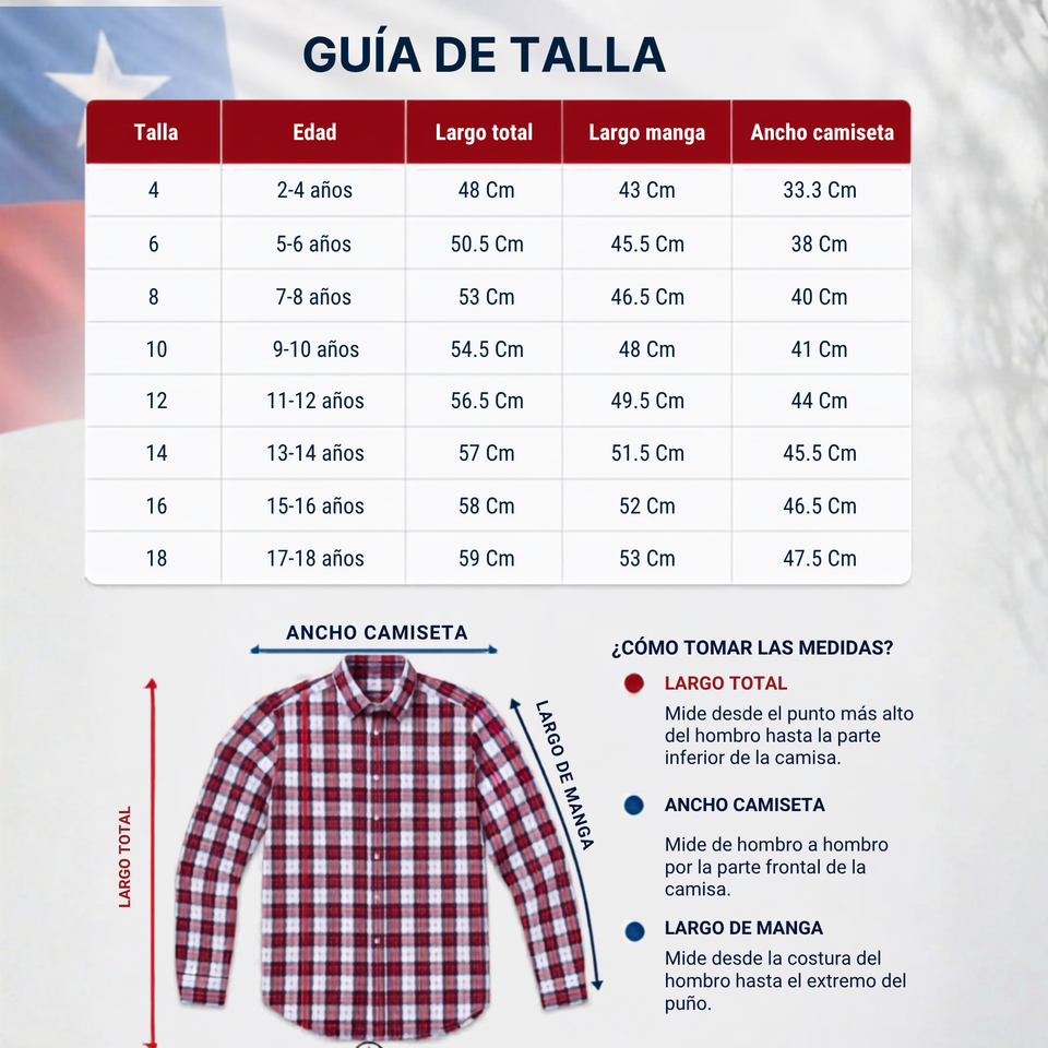 Camisa Huaso Cuadrillé Cuadro Manga Larga 100% Algodón Azul Blanco Casual