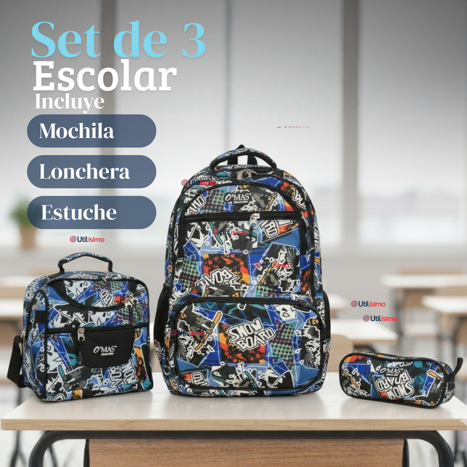 Mochila Escolar Bolso Con Estuche + Lonchera 45Cm Tela Oxford Niño Snowboard