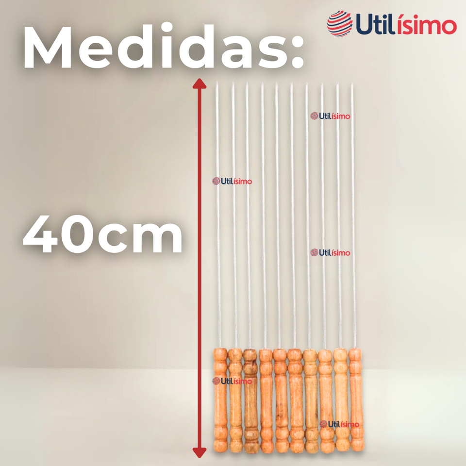 Pack 12 Pinchos De 40cm Para Anticuchos Brochetas Asados Mango De Madera