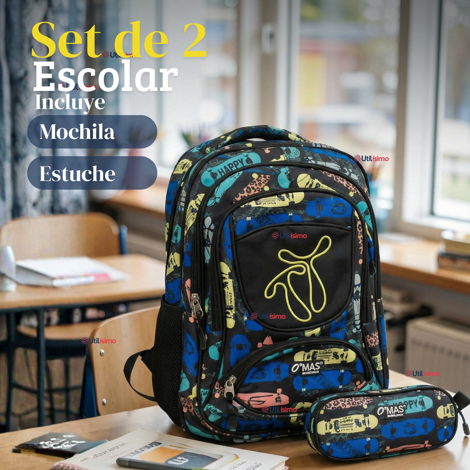 Mochila Escolar Bolso Con Estuche 43Cm Tela Oxford Niño Happy Skate