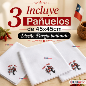 Pack 3 Pañuelos Baile Cueca 45cm Bordado Pareja Bailando Algodón Fiestas Patrias