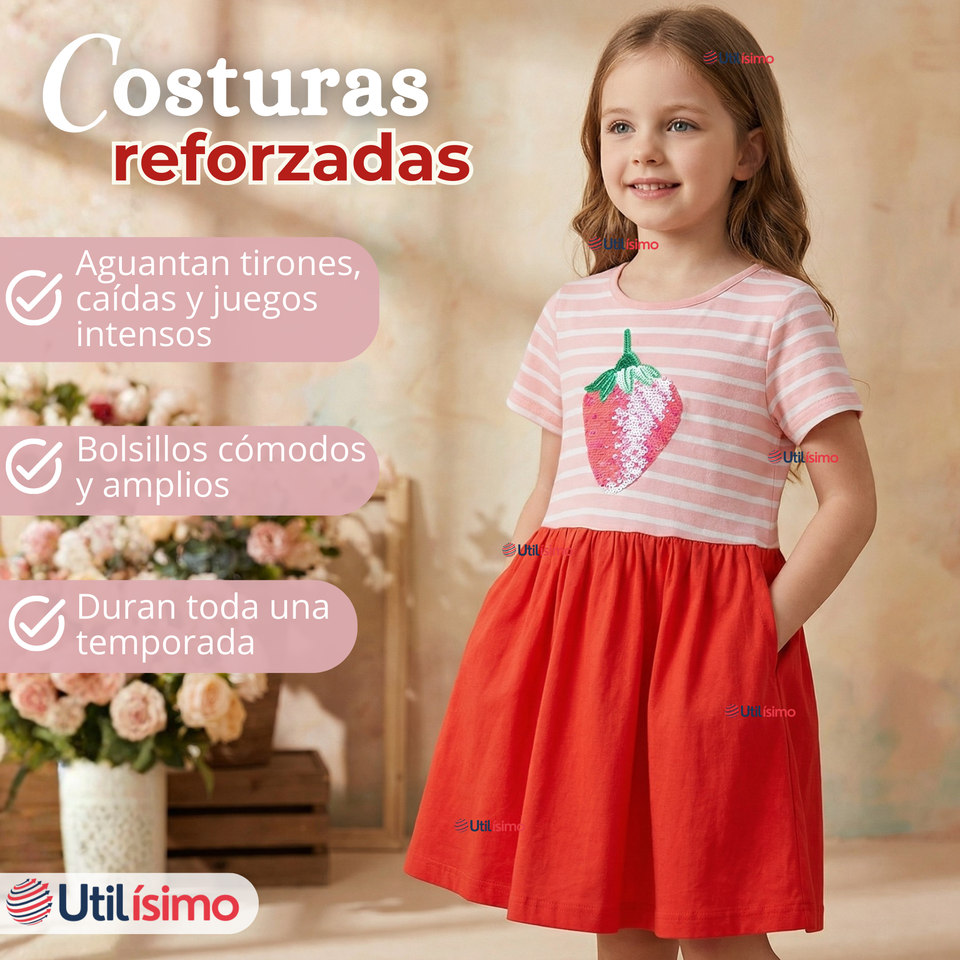 Vestido Manga Corta Casual Rosado Fresa Verano Niña 2 a 7 años