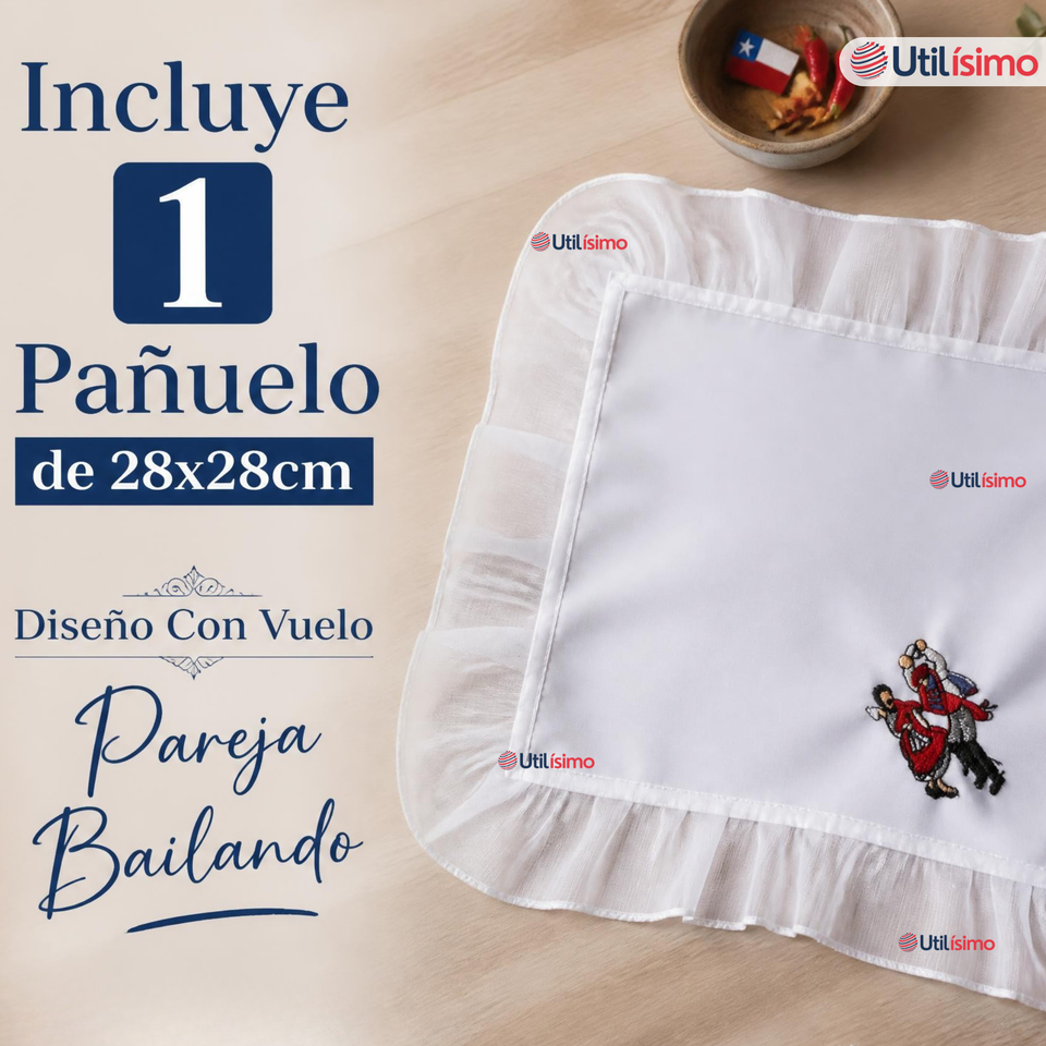 Pañuelo Baile Cueca 28cm Con Vuelo Pareja Bailando Algodón Fiestas Patrias