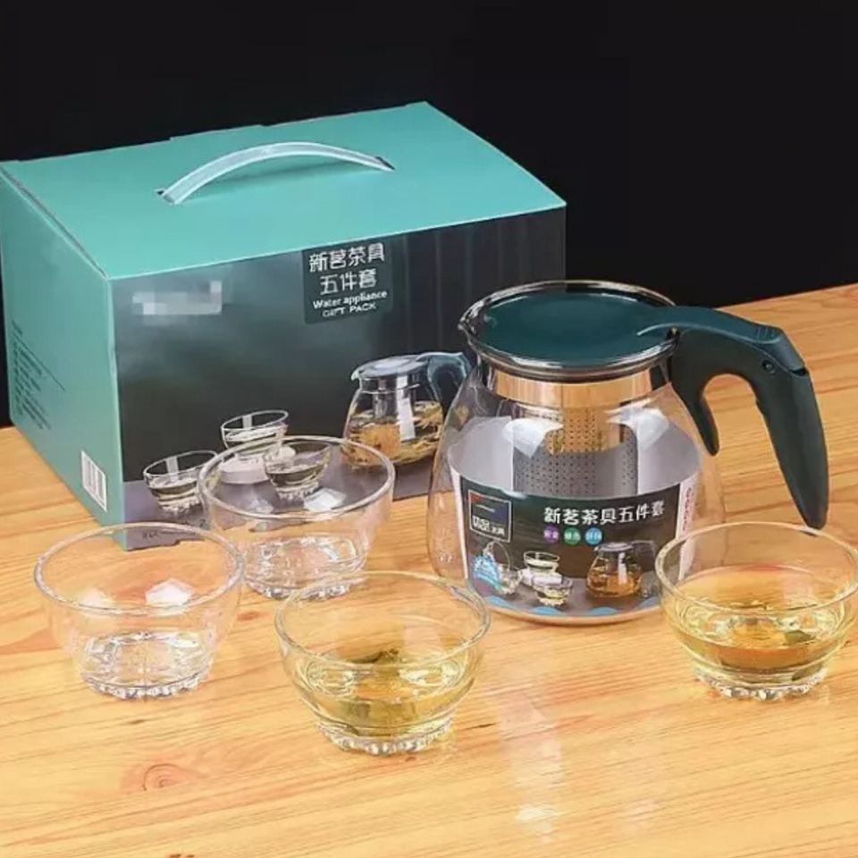 Set Tetera De Vidrio Infusión Té Con Filtro Acero Incluye 4 Tazas