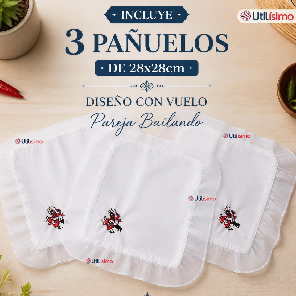 Pack 3 Pañuelos Baile Cueca 28cm Con Vuelo Pareja Bailando Algodón Fiestas Patrias