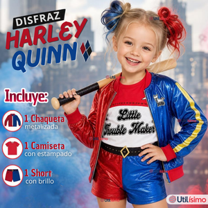 Disfraz Harley Quinn Azul y Rojo Metalizado Cosplay Niña