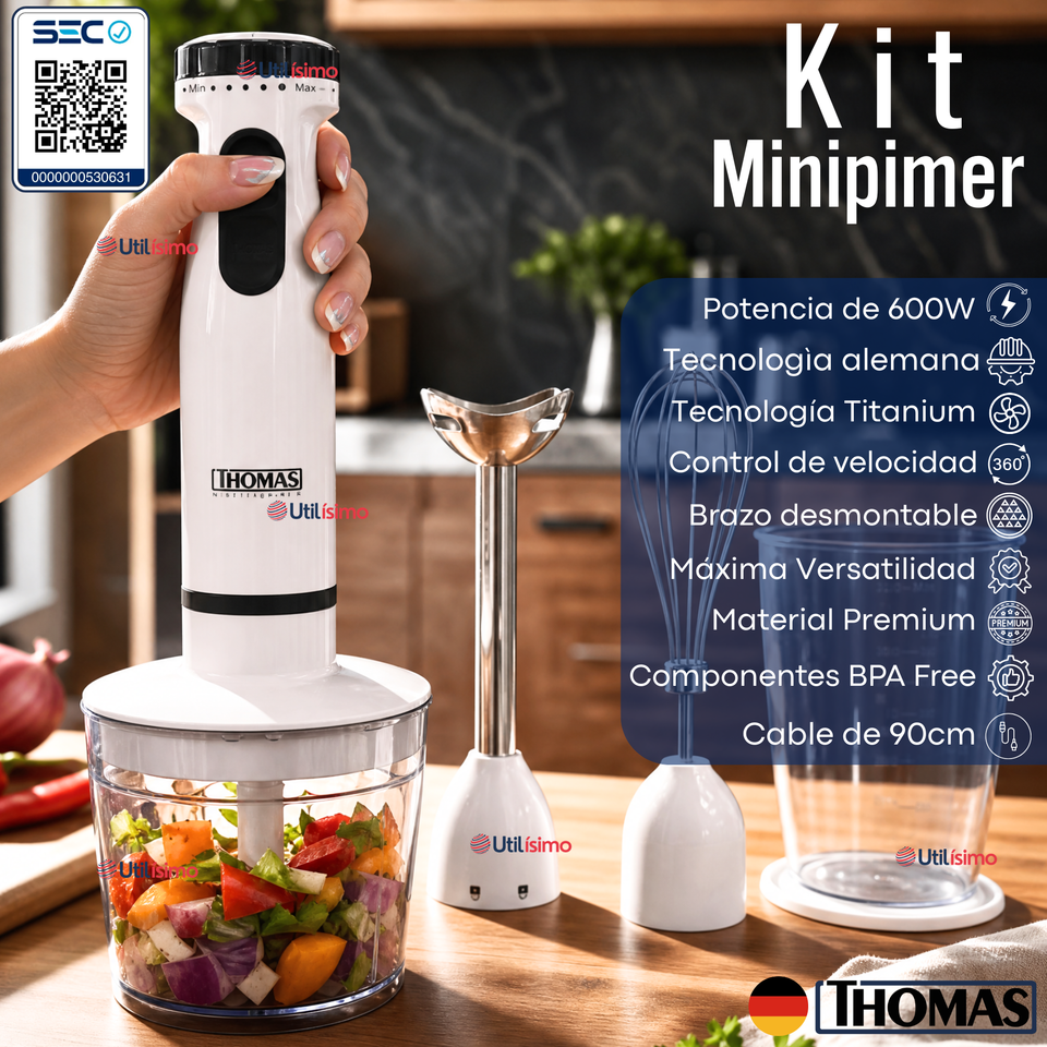 Minipimer Eléctrico Thomas Premium 4 en 1 Con Accesorios Alta Potencia Tecnologia Alemana Blanco