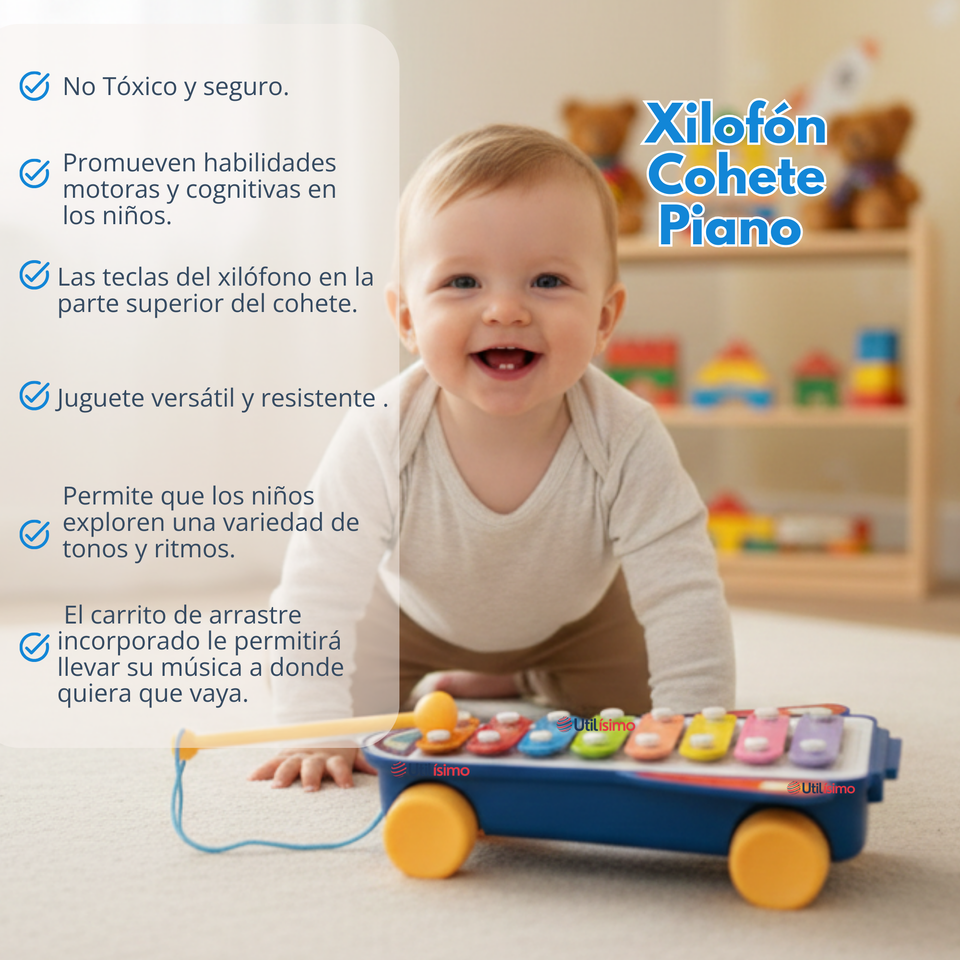 Xilófono Cohete Piano Carrito de Arrastre Juguete Educativo Bebé Niño Niña