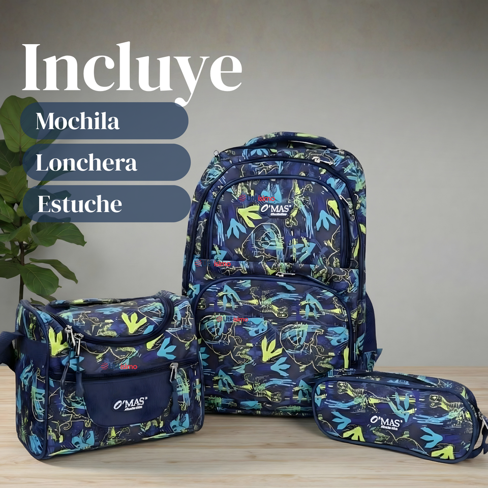 Mochila Bolso Escolar + Lonchera + Estuche 45Cm Niño Tela Oxford Blue Dinosaur
