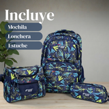 Mochila Bolso Escolar + Lonchera + Estuche 45Cm Niño Tela Oxford Blue Dinosaur