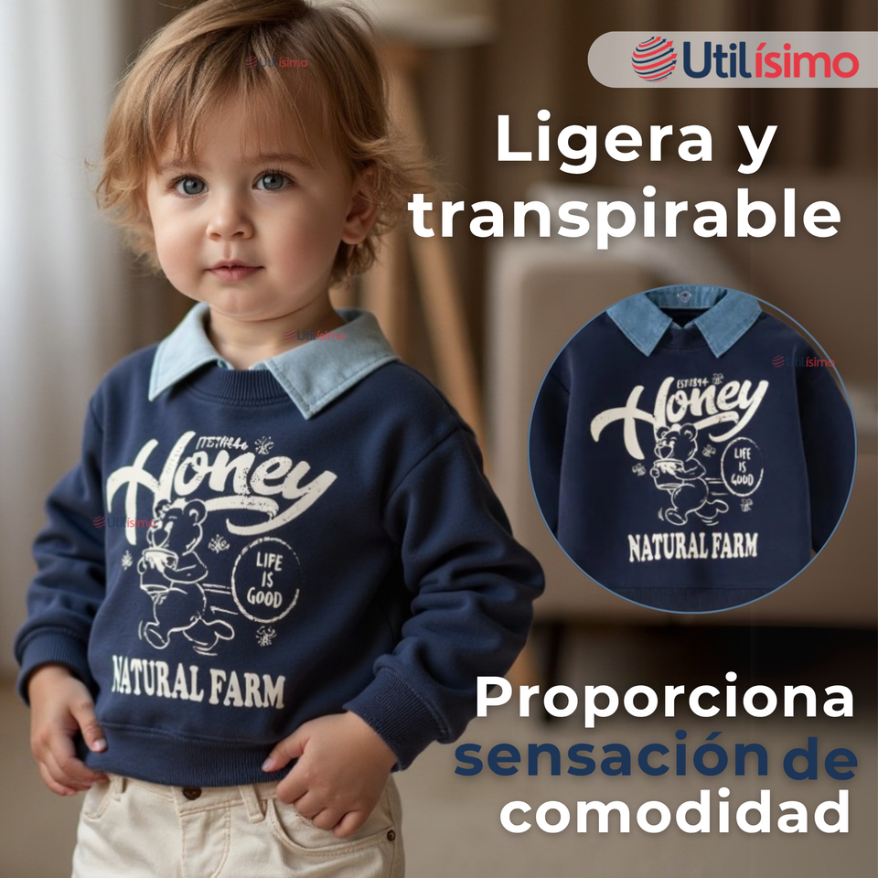 Polerón Estilo Pique Manga Larga Niño 100% Algodón Azul